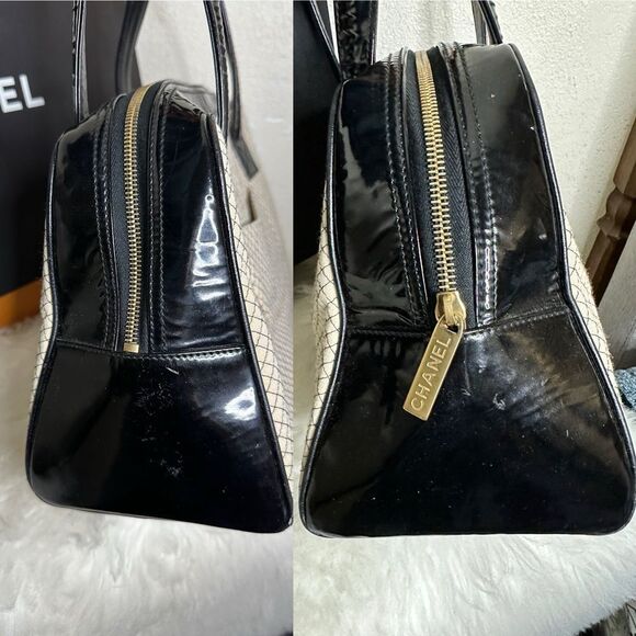 💯Authentic Chanel Cream & Black Patent Leather & Knit Quilted Bowler Bag🍀 - Picture 10 of 17